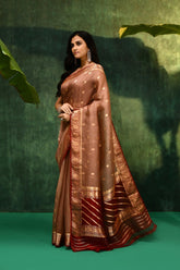 'Varsha' Dusty Rose Pink With contrast Red On the edge Pure Kora Organza Kadhua Banarasi Handloom Saree